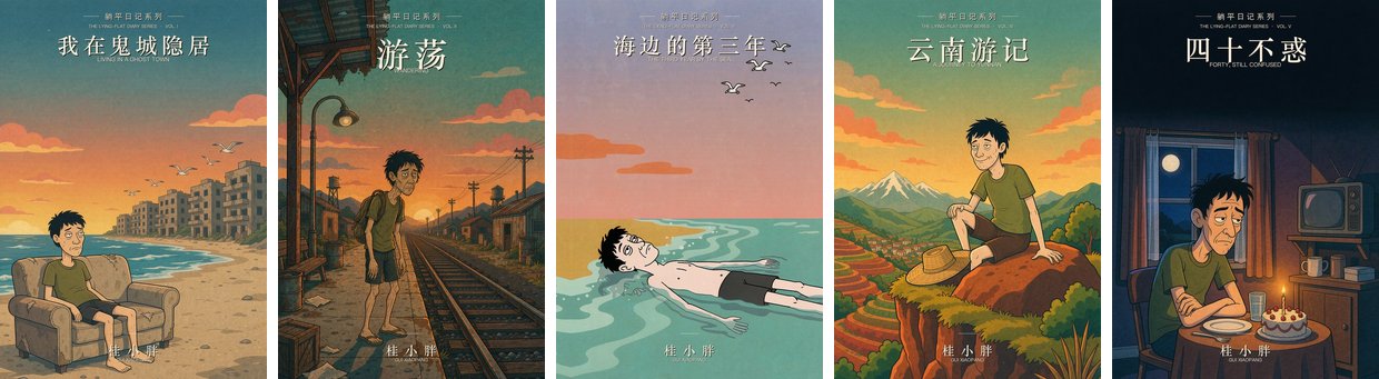 All five volumes of The Lying-Flat Diary side by side